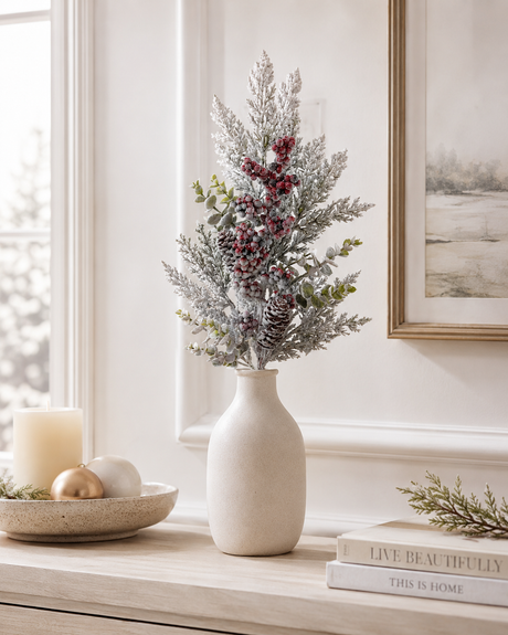 Snowed Cypress Berry Spray | Frosted Winter Pinecone Pick | 26" Spray-32293 Golden Bell