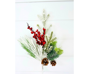 21" Snow Flocked Pine & Pinecone Pick with Red Berries - Festive Christmas Décor-XX1829