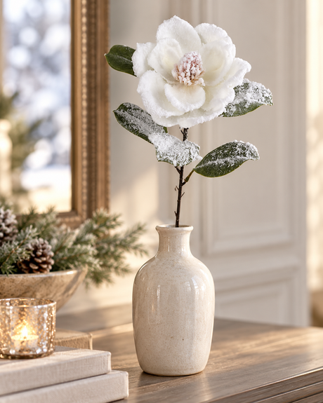 Snowy Cream Magnolia Spray | Frosted Winter Floral Stem | 27.5" Spray-XM14833-CR Green Import