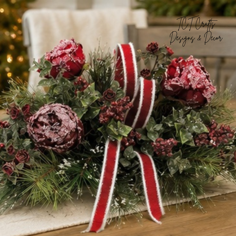 Snowy Rose Christmas Centerpiece | Dough Bowl Farrisilk Ribbon Design | 22"x14" TCT Crafts