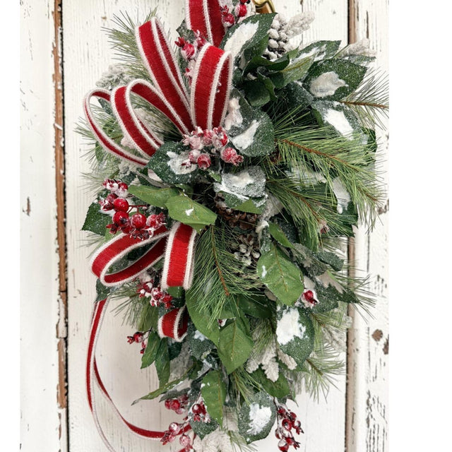 Ready-Made Traditional Christmas Front Door Swag — Snowy Pine, Red Berries, and Burlap Ribbon Bow TCT Crafts