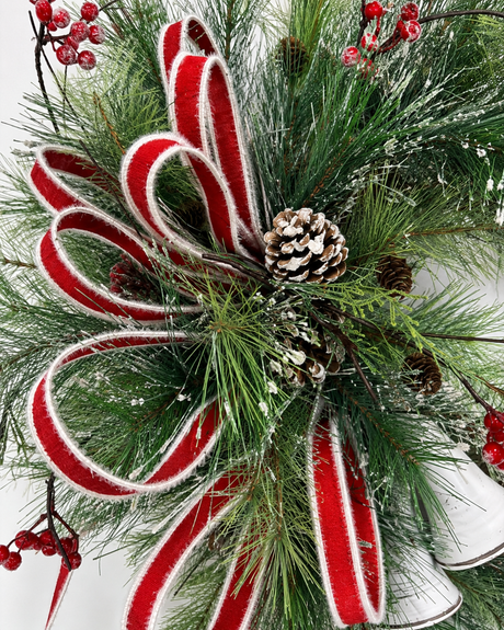 Snowy Pine Bell Wreath | Red White Christmas Grapevine Wreath | 35"x25" TCT Crafts