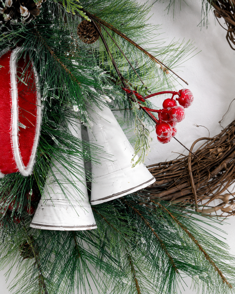 Snowy Pine Bell Wreath | Red White Christmas Grapevine Wreath | 35"x25" TCT Crafts