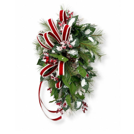 Ready-Made Traditional Christmas Front Door Swag — Snowy Pine, Red Berries, and Burlap Ribbon Bow TCT Crafts