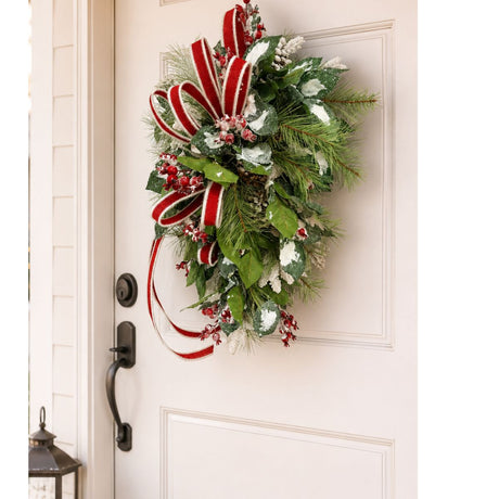 Ready-Made Traditional Christmas Front Door Swag — Snowy Pine, Red Berries, and Burlap Ribbon Bow TCT Crafts
