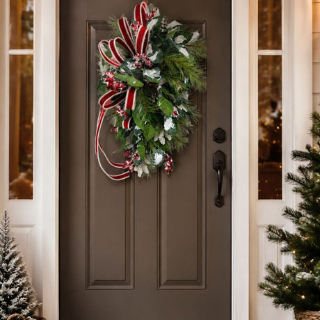Ready-Made Traditional Christmas Front Door Swag — Snowy Pine, Red Berries, and Burlap Ribbon Bow TCT Crafts