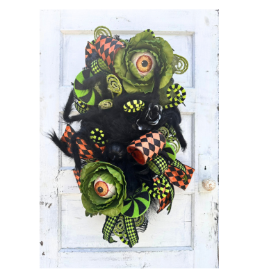 Fun and Whimsical Eyeball Halloween Swag | 32"x18" Decor with Fuzzy Spider, Eyeball Sprays, and Harlequin Ribbon TCT Crafts