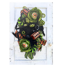 Load image into Gallery viewer, Fun and Whimsical Eyeball Halloween Swag | 32&quot;x18&quot; Decor with Fuzzy Spider, Eyeball Sprays, and Harlequin Ribbon