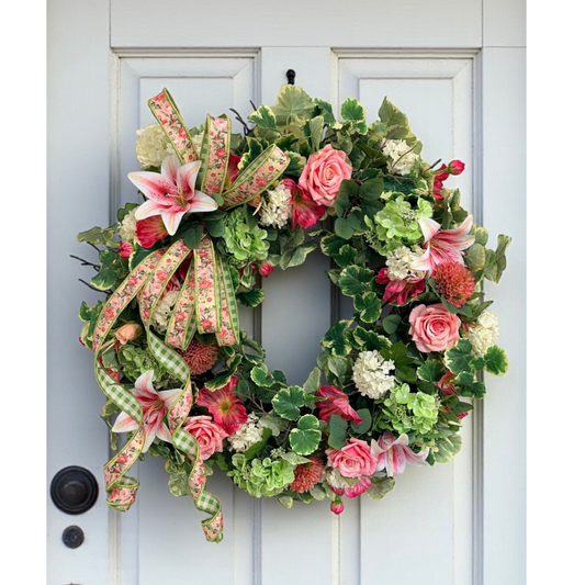 26 Inch Spring Geranium Grapevine Wreath with Roses & Hydrangeas TCT Crafts
