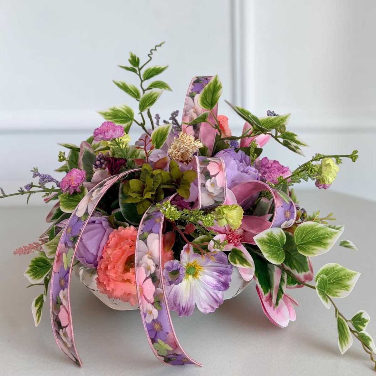 Spring Dough Bowl Floral Arrangement – Pink & Lavender Centerpiece TCT Crafts