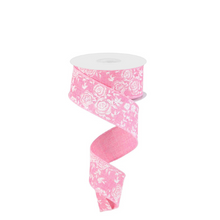 Load image into Gallery viewer, 1.5&quot;x10yd Mini Rose Wired Ribbon – Pink &amp; White Floral Ribbon-RGC186022