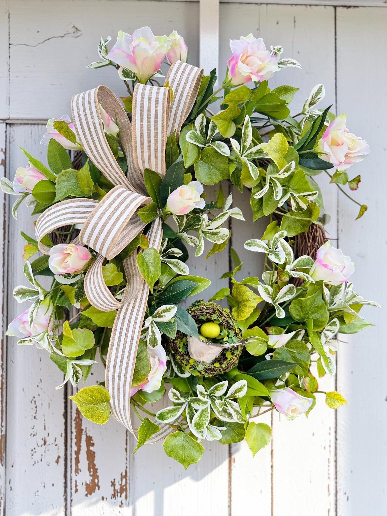 Spring Greenery Wreath with Nest & Bird – Artificial Floral Grapevine Wreath TCT Crafts