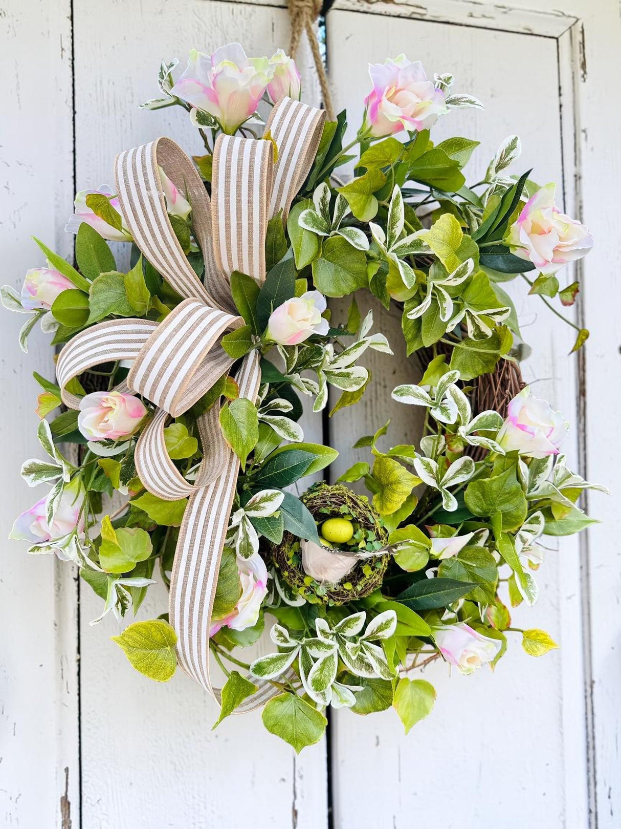 Spring Greenery Wreath with Nest & Bird – Artificial Floral Grapevine Wreath TCT Crafts