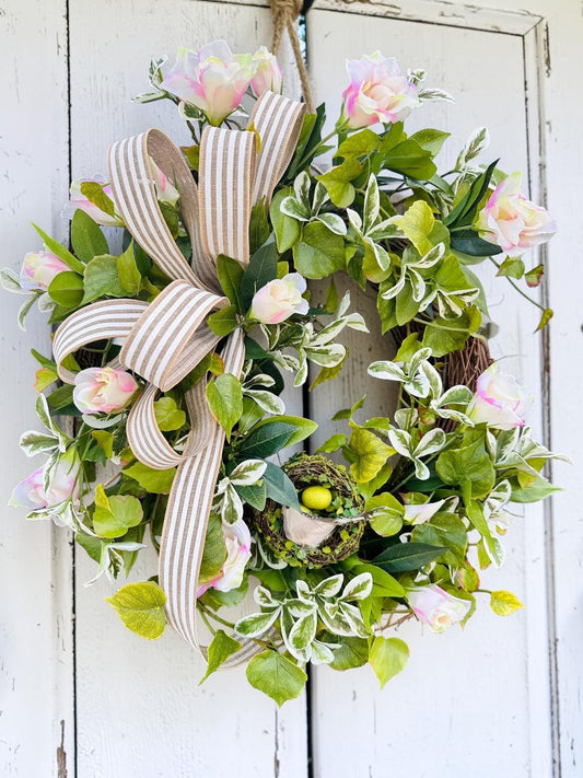 Spring Greenery Wreath with Nest & Bird – Artificial Floral Grapevine Wreath TCT Crafts