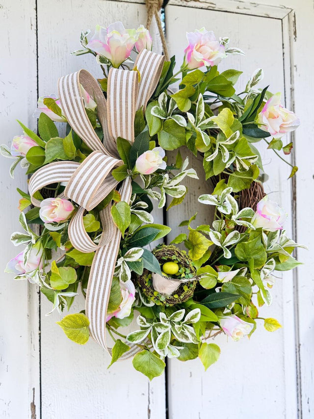 Spring Greenery Wreath with Nest & Bird – Artificial Floral Grapevine Wreath TCT Crafts
