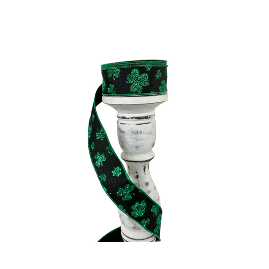 1.5"x10yd Wired Glitter Shamrocks St. Patrick's Day Ribbon - Black/Kelly Green - TCT Crafts - RGE112202 RG Ribbon
