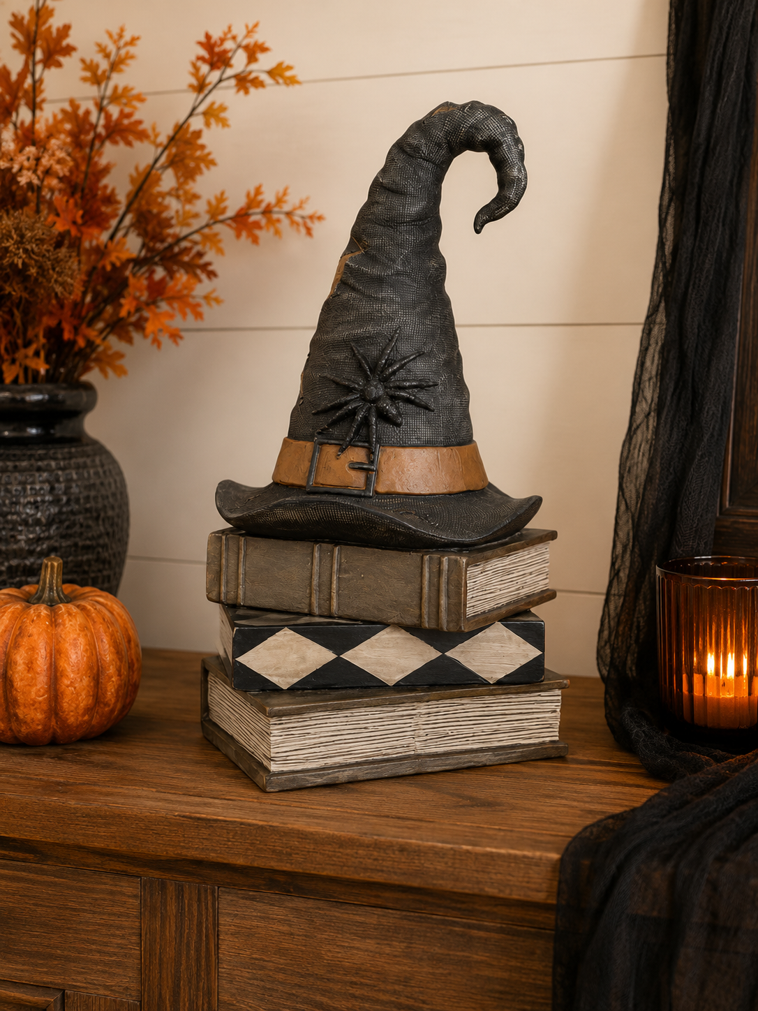 Resin Witch Hat on Stacked Books — 18 Inch Halloween Tabletop Decor -41448A K & K Interiors