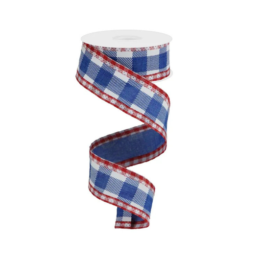 Striped Check Gingham Edge Ribbon Blue White Red Wired | 1.5x10yd-RGA1798A1 Craig Bachman