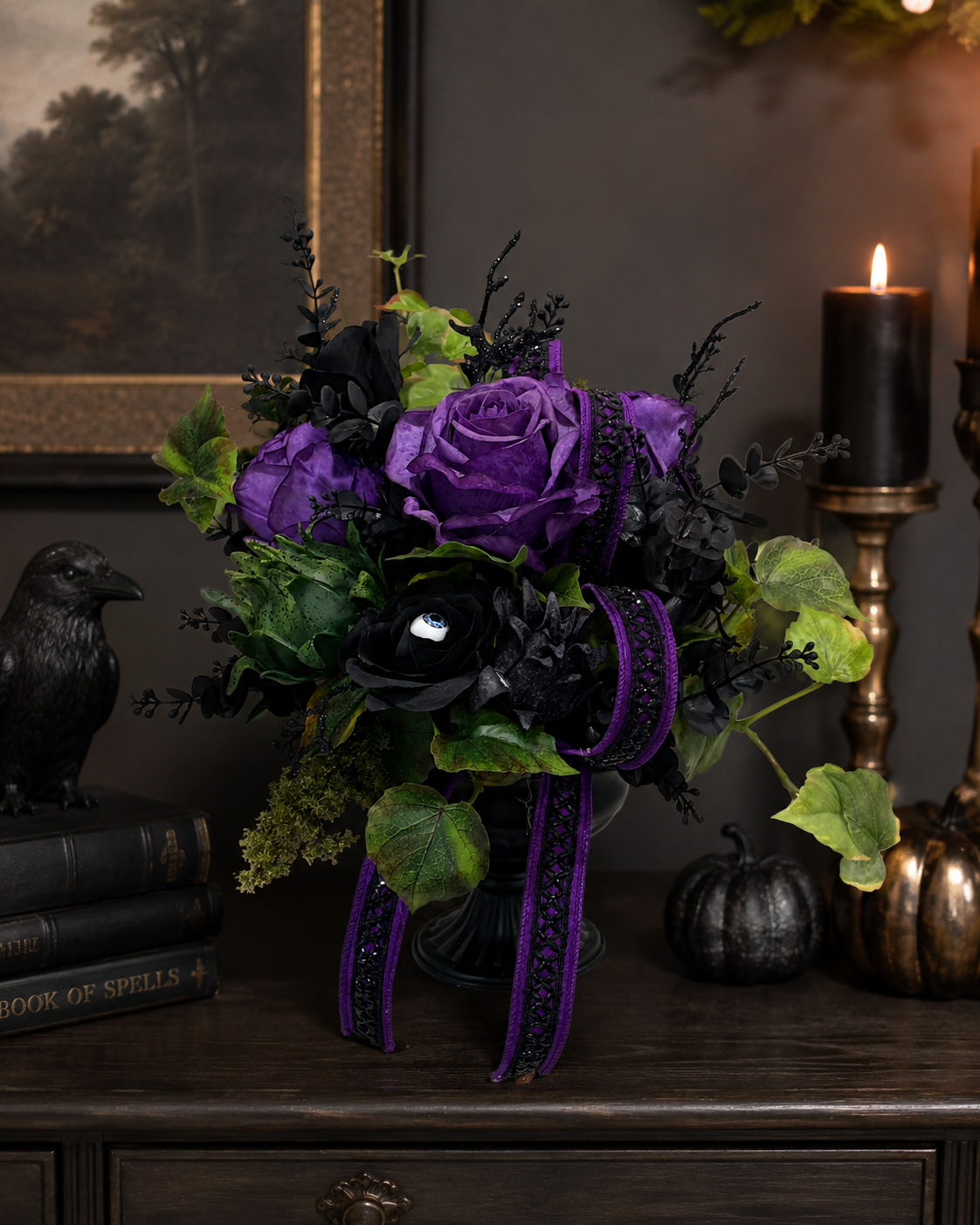 Elegant Halloween Floral Arrangement in Black Compote with Eyeball & Rose Accents – 14” TCT Crafts