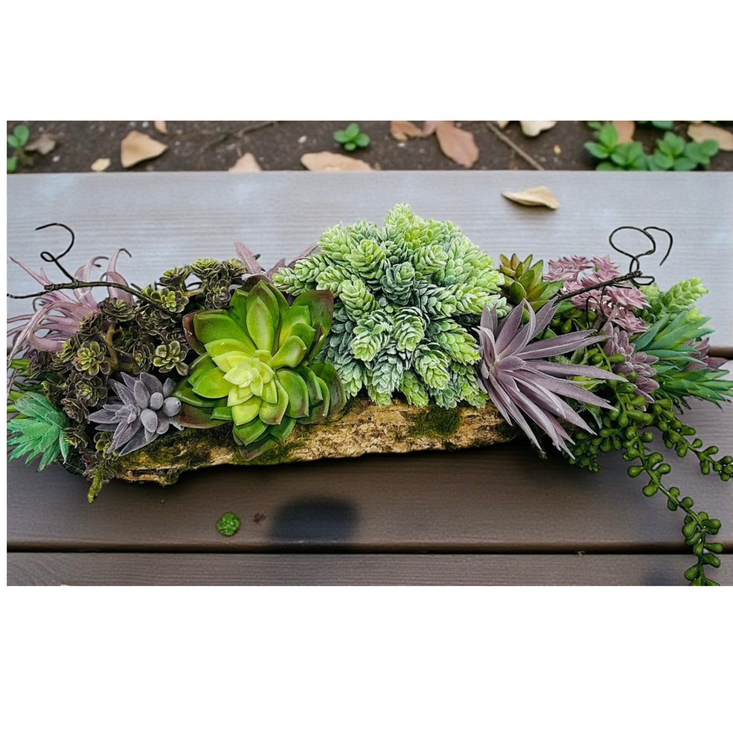 Artificial Purple & Green Succulent Arrangement in Faux Tree Fern Bark Container