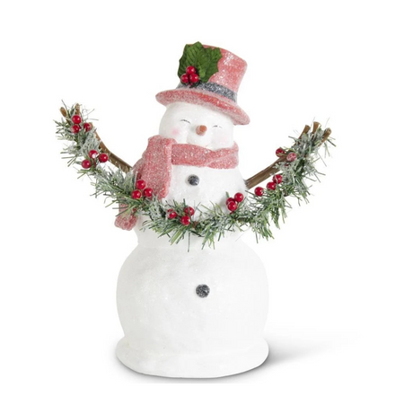 Sugar Glittered Snowman Holding Garland | Red Top Hat Christmas Snowman Decor | 13.75"-54848B K & K Interiors