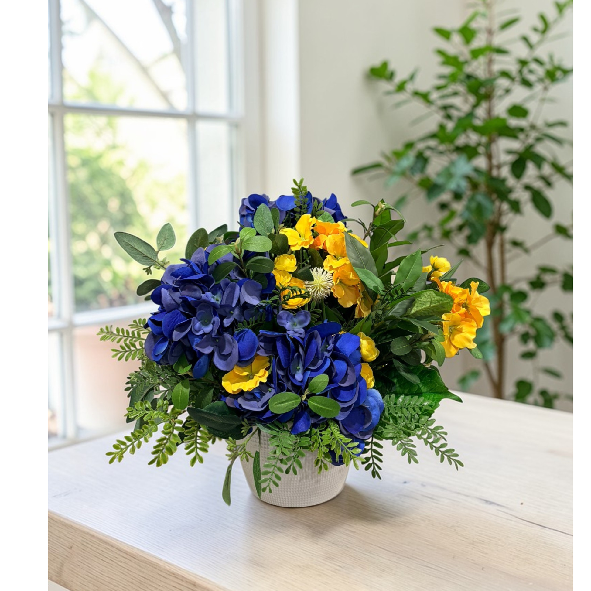 Blue Hydrangea Yellow Primrose Floral Arrangement Spring Centerpiece TCT Crafts