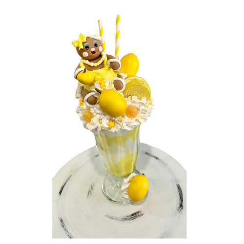 Yellow Summer Lemon Faux Extreme Shake Decor with Gingerbread Girl, Whimsical Kitchen Art, Fake Food Display, Summer Kitchen Decor