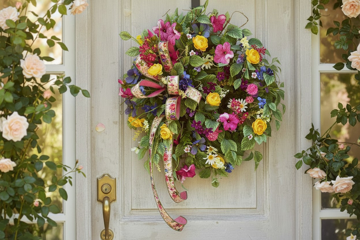 Summer Wildflower Wreath on Grapevine with Daisy Petunia Roses and Ribbon TCT Crafts