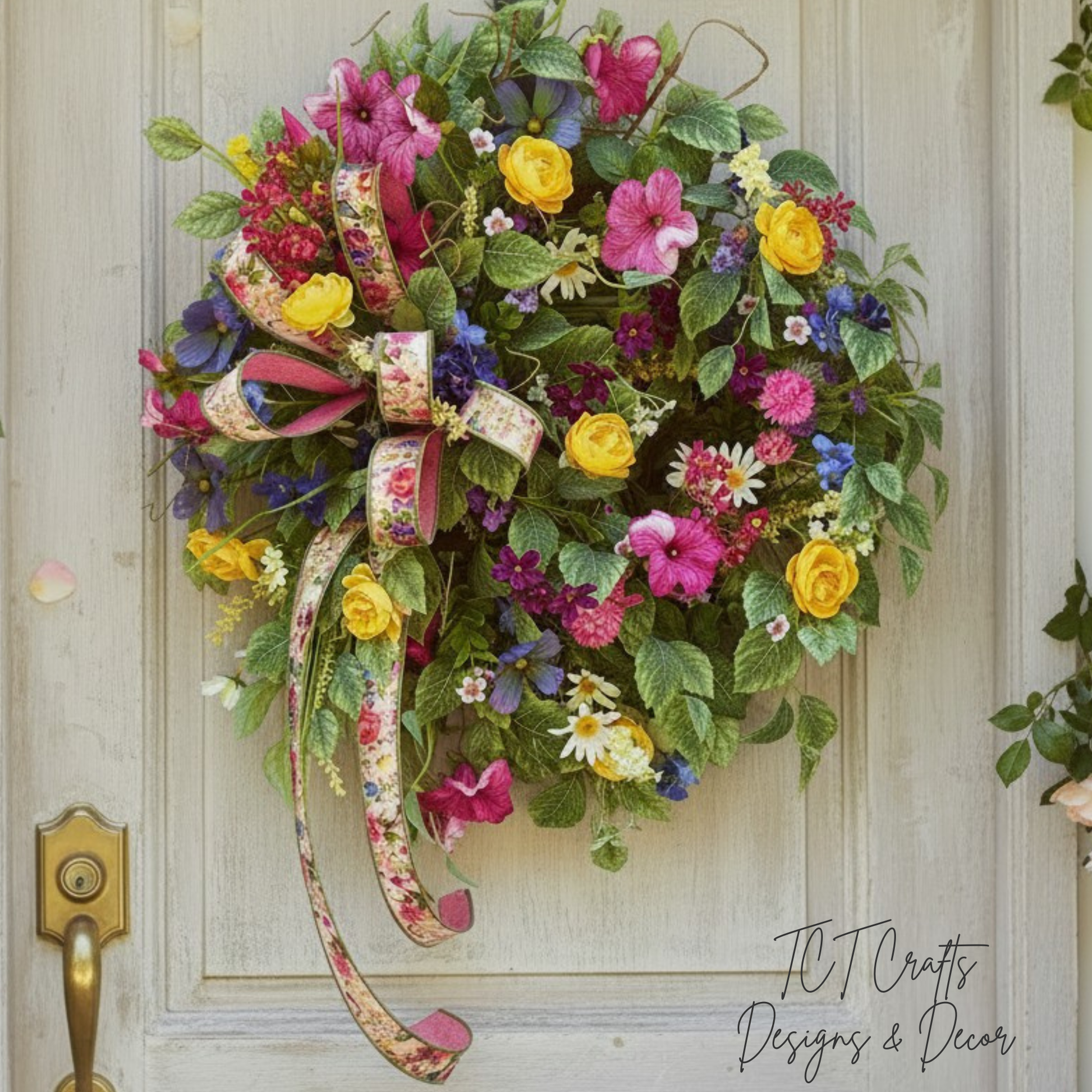 Summer Wildflower Wreath on Grapevine with Daisy Petunia Roses and Ribbon TCT Crafts