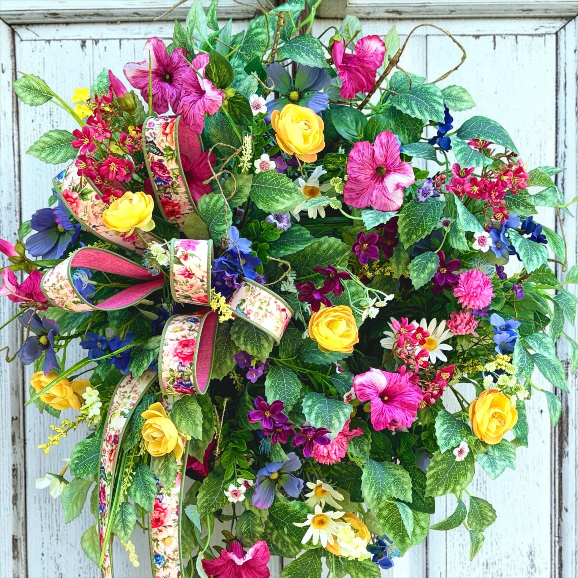Summer Wildflower Wreath on Grapevine with Daisy Petunia Roses and Ribbon TCT Crafts