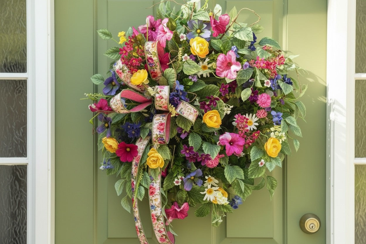 Summer Wildflower Wreath on Grapevine with Daisy Petunia Roses and Ribbon TCT Crafts