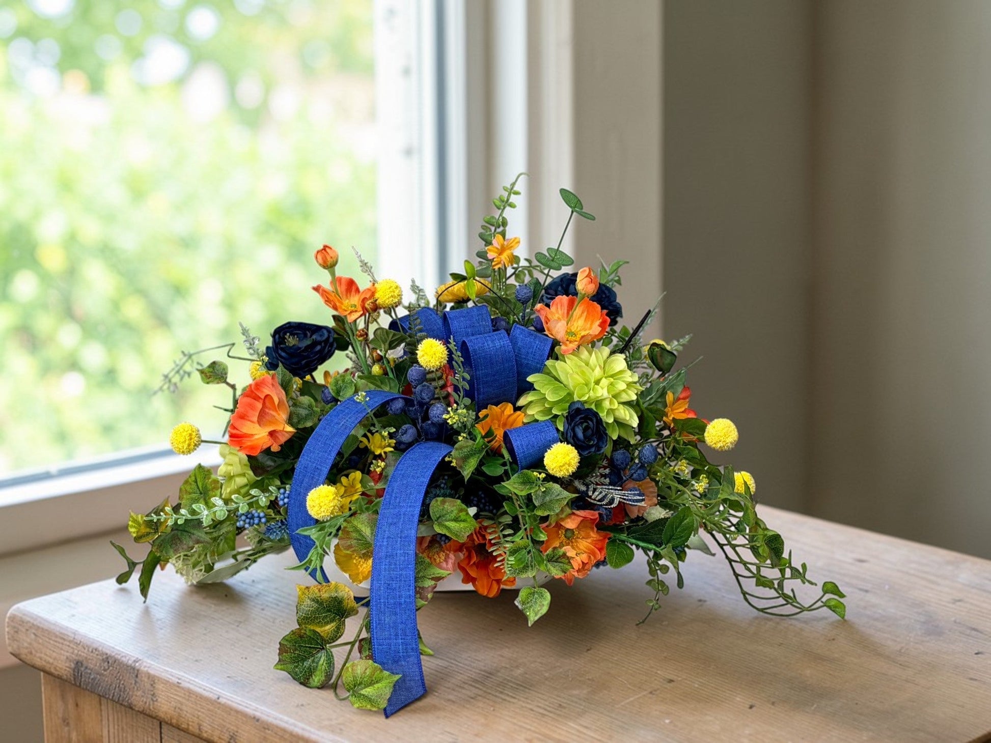 Summer Wildflower Arrangement Dough Bowl 26 Inch Centerpiece TCT Crafts