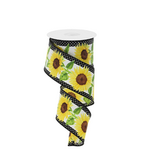 Load image into Gallery viewer, 2.5&quot;x10yd Wired Sunflower Ribbon with Polka Dot Edge – Perfect for Summer Crafts-RGE110527