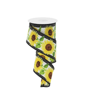 2.5"x10yd Wired Sunflower Ribbon with Polka Dot Edge – Perfect for Summer Crafts-RGE110527