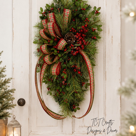 Deluxe Holly Pine Christmas Swag | Red Plaid Ribbon Bow | 36"x20" TCT Crafts