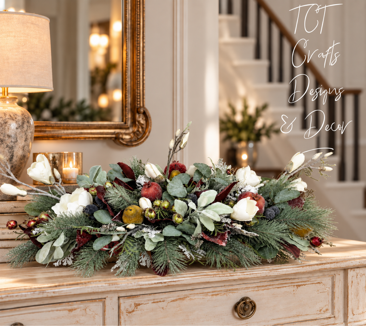 Designer Christmas Centerpiece | Magnolia Pomegranate Pine Arrangement | 34"Lx16"Hx18"W-2200 TCT Crafts Designs & Decor