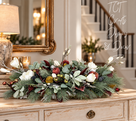 Designer Christmas Centerpiece | Magnolia Pomegranate Pine Arrangement | 34"Lx16"Hx18"W-2200 TCT Crafts Designs & Decor