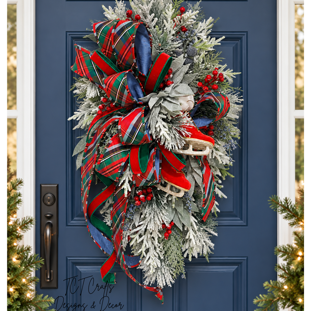 Tartan Plaid Ice Skate Swag | Red Blue Christmas Door Decor | 34"Lx18"Wx13"D-2205 TCT Crafts Designs & Decor