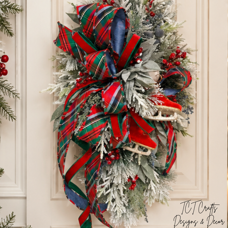 Tartan Plaid Ice Skate Swag | Red Blue Christmas Door Decor | 34"Lx18"Wx13"D-2205 TCT Crafts Designs & Decor