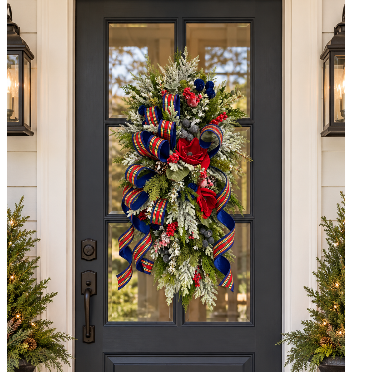 Deluxe Tartan Plaid Holiday Swag | Farrisilk Ribbon Red Blue | 42"Lx24"W-2202 TCT Crafts Designs & Decor