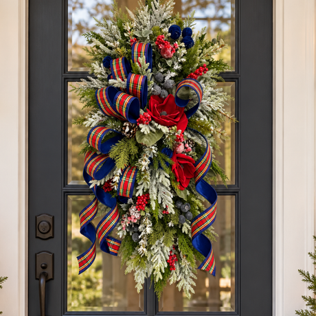 Deluxe Tartan Plaid Holiday Swag | Farrisilk Ribbon Red Blue | 42"Lx24"W-2202 TCT Crafts Designs & Decor