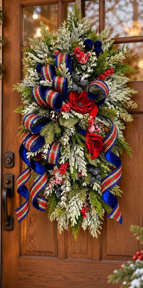 Deluxe Tartan Plaid Holiday Swag | Farrisilk Ribbon Red Blue | 42"Lx24"W-2202 TCT Crafts Designs & Decor