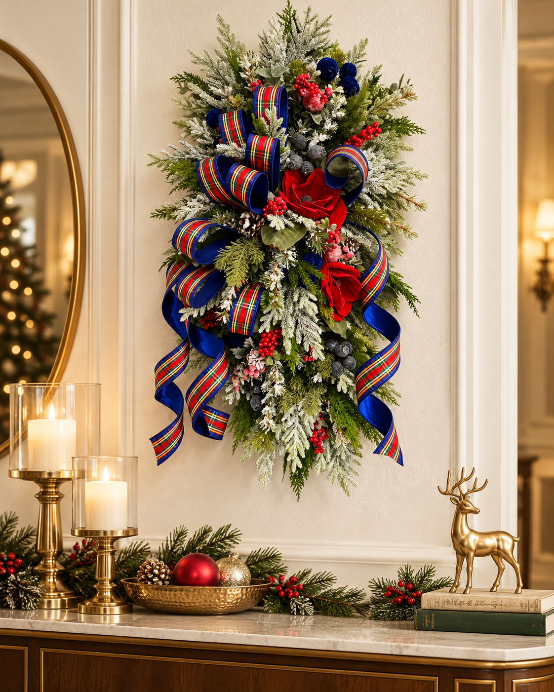 Deluxe Tartan Plaid Holiday Swag | Farrisilk Ribbon Red Blue | 42"Lx24"W-2202 TCT Crafts Designs & Decor