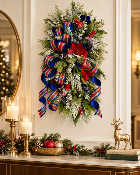 Deluxe Tartan Plaid Holiday Swag | Farrisilk Ribbon Red Blue | 42"Lx24"W-2202 TCT Crafts Designs & Decor