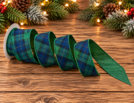 Regency Blue Green Plaid Dupioni Ribbon | Wired Christmas Ribbon | 1.5" x 10yd-MTX79148 Regency International