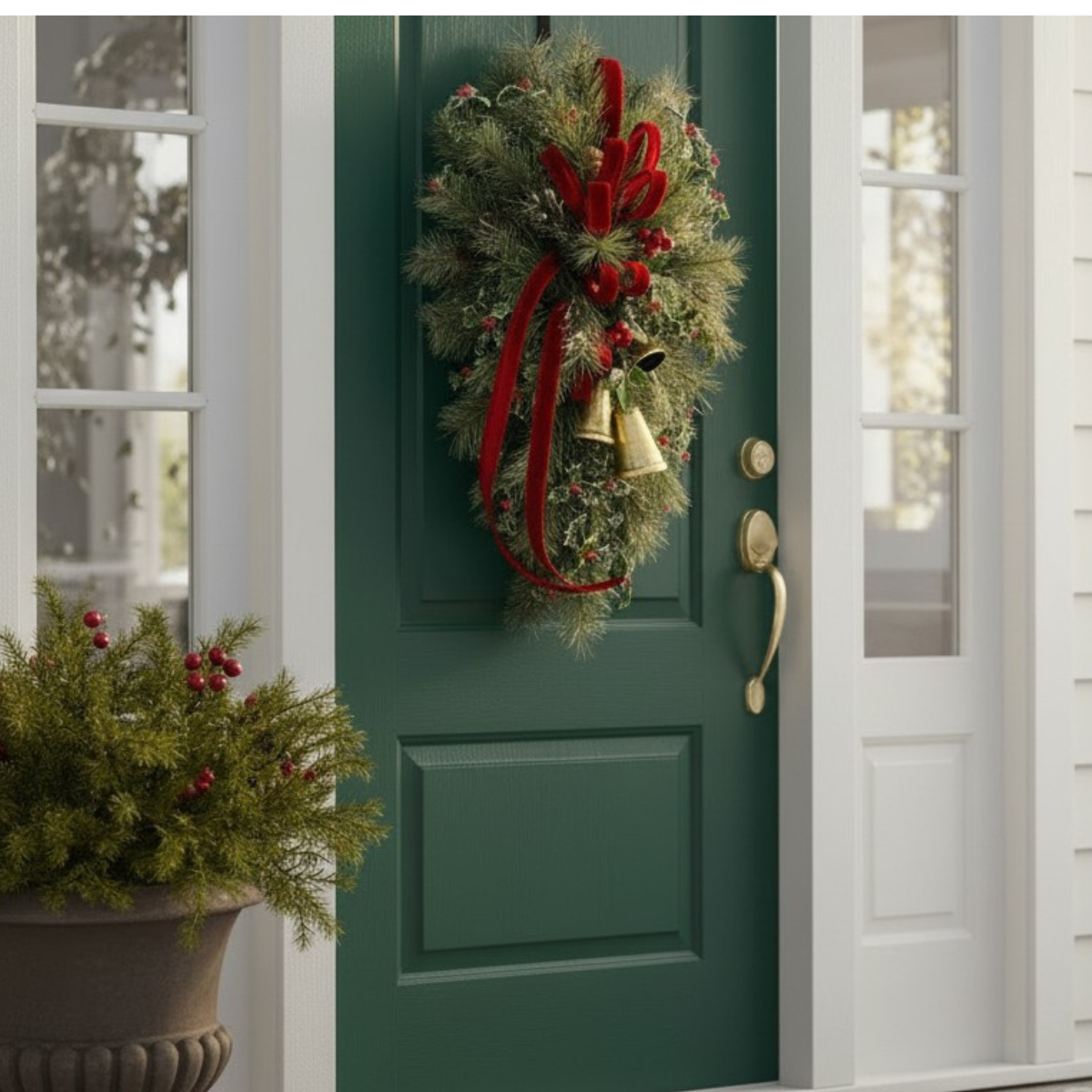 XL Designer Holly & Pine Bell Swag- Rustic Elegant Winter Front Door Decor, 40x25, Christmas Swag with Red Velvet Bow and Bells TCT Crafts