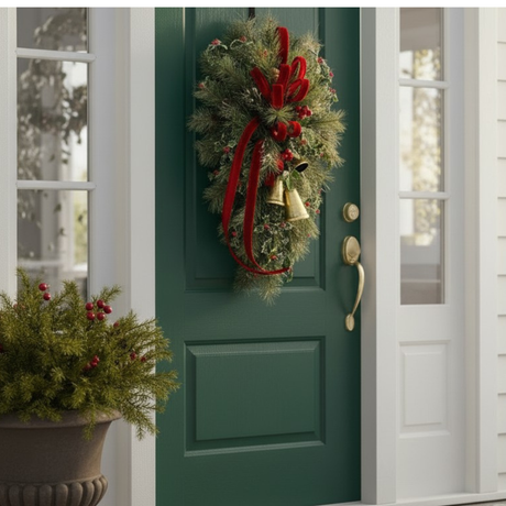 XL Designer Holly & Pine Bell Swag- Rustic Elegant Winter Front Door Decor, 40x25, Christmas Swag with Red Velvet Bow and Bells TCT Crafts