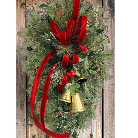XL Designer Holly & Pine Bell Swag- Rustic Elegant Winter Front Door Decor, 40x25, Christmas Swag with Red Velvet Bow and Bells TCT Crafts