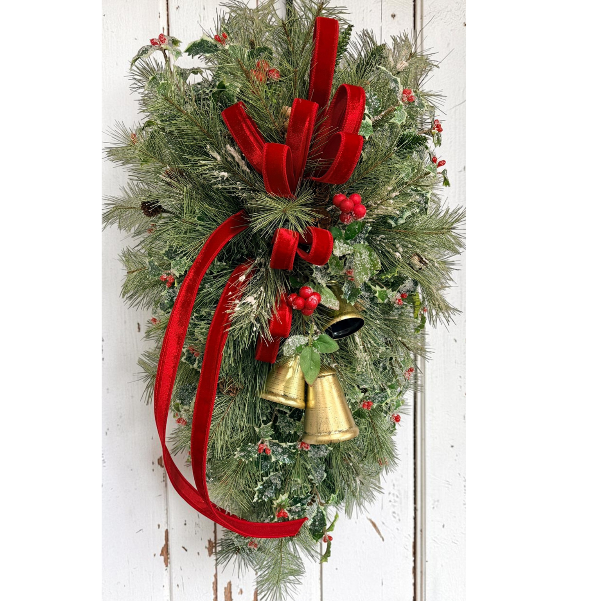 XL Designer Holly & Pine Bell Swag- Rustic Elegant Winter Front Door Decor, 40x25, Christmas Swag with Red Velvet Bow and Bells TCT Crafts