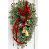 XL Designer Holly & Pine Bell Swag- Rustic Elegant Winter Front Door Decor, 40x25, Christmas Swag with Red Velvet Bow and Bells TCT Crafts